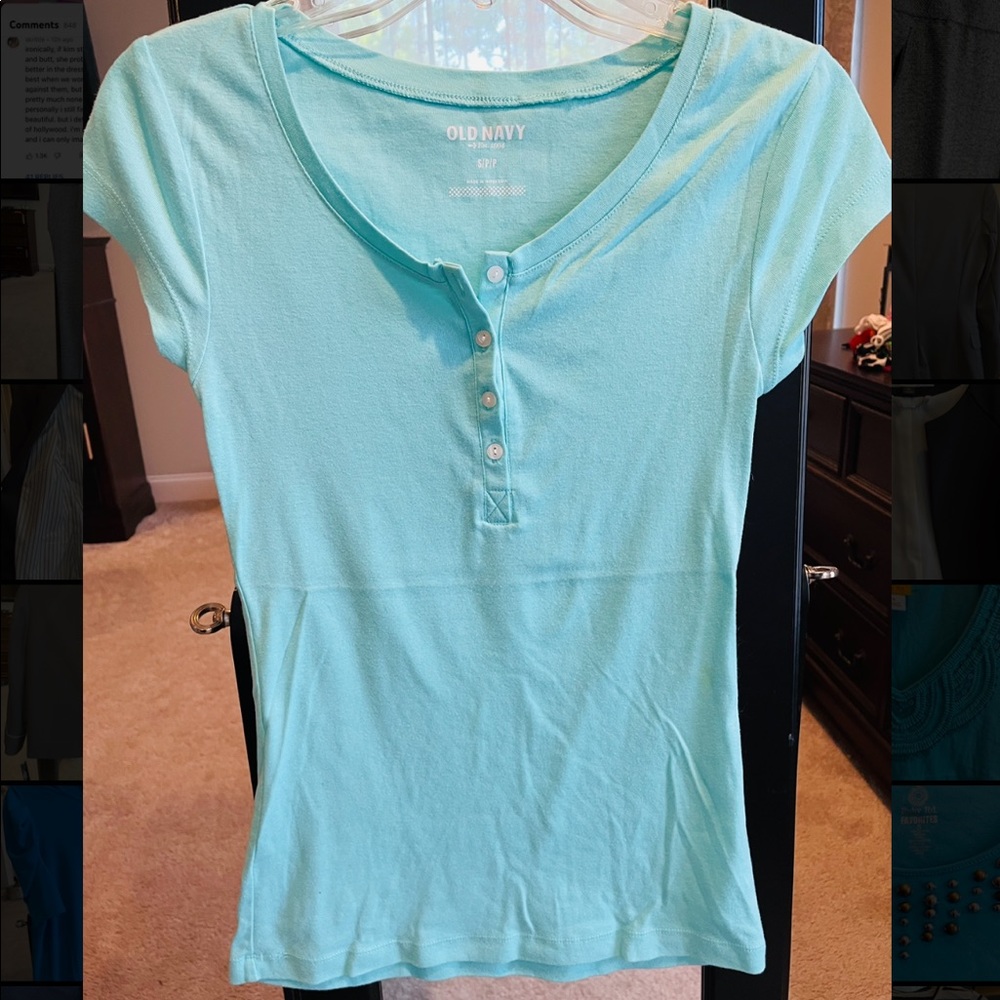Old Navy Petite S Aqua Blouse, Buttons On Top